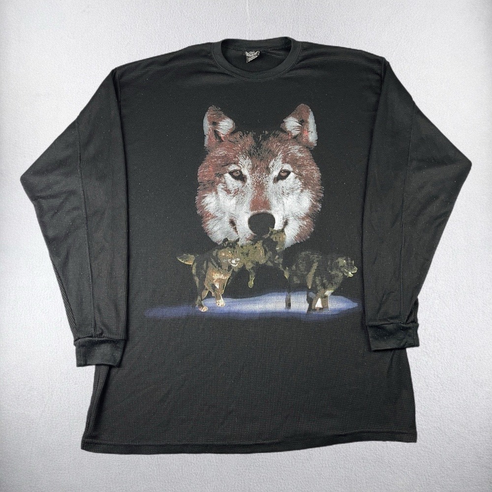 Vintage Wolf Thermal Shirt Men 2XL HPA Black Graphic Long Sleeve Waffle Knit Tee